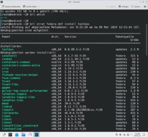 Abbildung 8: Die Installation des Pakets <span class="ui-element">toolbox</span> aus Fedora in Arch Linux verlief wie in Fedora selbst. Da Toolbox auch in Arch Linux verf&uuml;gbar ist, kam hier der Parameter <code>strat fedora</code> zum Einsatz.