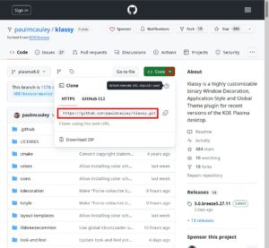 Abbildung 8: Wer das Paket <span class="ui-element">git</span> installiert, kommt mit der auf Hosting-Plattformen unter <span class="ui-element">Code</span> genannten URL an den Quellcode.