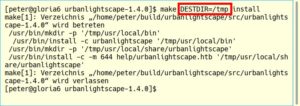 Abbildung 10: Der letzte Schritt von <code>make-install</code> geht meist schnell. Das hier eingeschobene <code>DESTDIR=/tmp</code> installiert die Software nach <code>/tmp</code>, um zu prüfen, ob <code>make install</code> wichtige Dateien überschreibt.