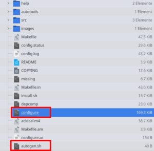 Abbildung 11: Hier liegt, erkennbar am Skript <code>configure</code>, das Build-System Autotools vor. Der Programmautor hat <code>autogen.sh</code> aufgerufen, um <code>configure</code> zu erzeugen, und <code>autogen.sh</code> nicht gelöscht.
