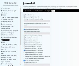 Abbildung 1: F&uuml;r den Befehl <code>journalctl</code> zur Ausgabe der Systemd-Logs gibt es viele Optionen, die sich auf der Webseite zusammenklicken lassen. Der resultierende Befehl steht oben am Kopf der Seite zum Kopieren bereit.