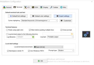 Abbildung 1: Die Konfiguration von MobaXterm verteilt sich über mehrere Reiter. Neben allgemeinen Settings finden Sie dort die Einstellungen für X11, SSH, das Display und die Werkzeugleiste.