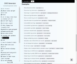 Abbildung 2: Der Befehlsgenerator zeigt zu <code>journalctl</code> &ndash; wie auch zu allen anderen Befehlen &ndash; am unteren Rand eine Reihe von Beispielen, die auch seltener gefragte Problemstellungen l&ouml;sen.
