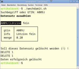 Abbildung 12: L&ouml;schen eines Datensatzes mit <code>wechdamit.sh</code>.