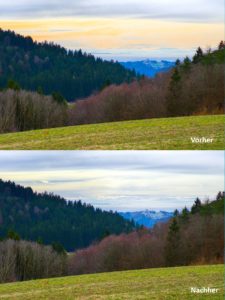 Abbildung 12: Teile dieser Landschaftsaufnahme waren nach dem Erh&ouml;hen der S&auml;ttigung stark gelb- beziehungsweise blaustichig. Das lie&szlig; sich mit dem Preset <span class="ui-element">draw-double-tint</span> korrigieren.