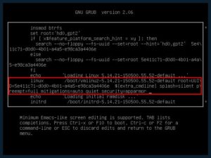 Abbildung 15: Die Eingabe [E] &ouml;ffnet im Grub-Boot-Men&uuml; einen Texteditor, in dem sich die Zeile editieren l&auml;sst, die den Linux-Kernel startet.