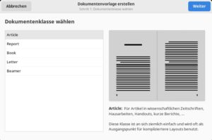 Abbildung 2: Ein Assistent hilft Ihnen, ein Grundger&uuml;st f&uuml;r ein LaTeX-Dokument anzulegen. Sie w&auml;hlen aus verschiedenen Dokumentenklassen.