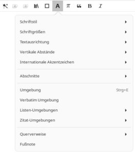 Abbildung 4: &Uuml;ber Symbole in der Men&uuml;leiste f&uuml;gen Sie LaTeX-Code per Mausklick ins Dokument ein.