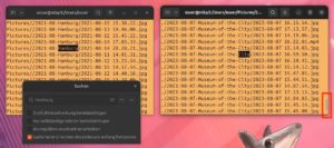 Abbildung 7: Bei offenem Suchdialog verschwindet die Rollleistenmarkierung des Terminalfensters (links). Suchen Sie deshalb besser mit Hotkeys (rechts).