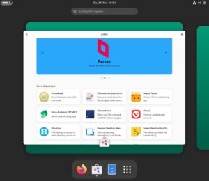 Abbildung 10: OpenSuse Aeon bringt vorinstalliert einen Gnome-Desktop inklusive Dateimanager, den Gnome Store und Firefox mit. Weitere Anwendungen decken von Suse unabh&auml;ngig Flatpak-Pakete von Flathub.org ab.