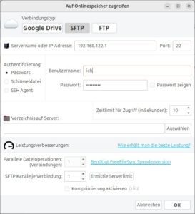 Abbildung 2: FreeFileSync kann zu entfernten Rechnern per SFTP (SSH) Kontakt aufnehmen.