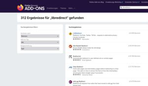 Abbildung 1: Bei den Erweiterungen f&uuml;r Firefox gibt es einige Addons mit Redirect im Namen. Libredirect erscheint in der Suchliste an erster Stelle.