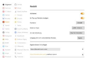 Abbildung 2: In den <span class="ui-element">Einstellungen</span> der App legen Sie f&uuml;r jeden Dienst einzeln fest, wie Libredirect ihn handhabt.