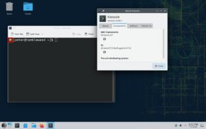 Abbildung 3: Dass es sich hier um einen in der Distrobox <code>tumbleweed</code> laufenden Plasma-6-Desktop handelt, merkt man erst beim &Ouml;ffnen eines Konsolenfensters.