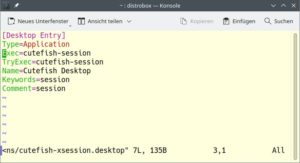 Abbildung 5: In dieser Distrobox liegt nach Installation des Cutefish-Desktops die Datei <code>/usr/share/xsessions/cutefish-xsession.desktop</code>. F&uuml;r die Integration ins Hostsystem kopieren Sie sie in dessen gleichnamiges lokales Verzeichnis und f&uuml;gen der <code>Exec</code>-Zeile das Kommando <code>distrobox-enter archlinux -e</code> hinzu.