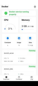 Abbildung 12: Die Android-App zeigt nicht nur den Systemstatus, sondern erlaubt auch den Zugriff auf s&auml;mtliche UGOS-Apps. So lassen sich Docker-Container starten und stoppen, deren Ressourcenverbrauch kontrollieren und im Log verfolgen.
