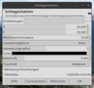 Abbildung 1: Ist der Filter <span class="ui-element">Schlagschatten</span> deaktiviert, f&uuml;gen Sie dem Bild einen Alphakanal hinzu. Das klappt entweder &uuml;ber das Men&uuml; <span class="ui-element">Ebene</span>&nbsp;| <span class="ui-element">Transparenz</span>&nbsp;| <span class="ui-element">Alphakanal hinzuf&uuml;gen</span> oder indem Sie eine Textebene anlegen.
