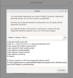 Abbildung 2: Das Flatpak sollten Sie für Paperwork nur in Anspruch nehmen, wenn kein natives Paket verfügbar ist: Hier müssen Sie die Sane-Schnittstelle nämlich händisch einrichten.