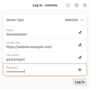 Abbildung 3: Celeste unterstützt auch eine Synchronisation über WebDAV. Dazu benötigen Sie die Server-URL, den Benutzernamen und das Passwort für den WebDAV-Zugang.