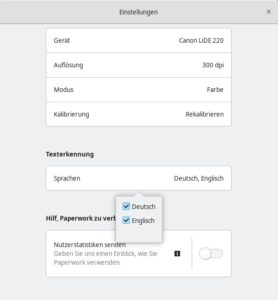 Abbildung 5: In den Einstellungen finden Sie neben der Scanner-Erkennung und der Auflösung auch die für die Texterkennung installierten Sprachen. Weitere unterstützte Sprachen zeigt bei Debian der Befehl <code>apt search ^tesseract</code>.