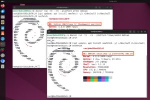 Abbildung 6: Zwei Debian-Docker-Container. Der im Vordergrund emuliert eine x86_64-CPU.