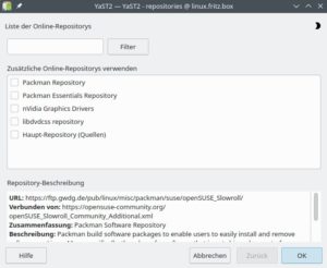 Abbildung 9: Slowroll-Anwender f&uuml;gen das Packman-Repository f&uuml;r unbeschnittene Video-Codecs per <span class="ui-element">Hinzuf&uuml;gen</span>&nbsp;| <span class="ui-element">Community Repositorys</span> im YaST-Modul <span class="ui-element">Softwarerepositorys</span> hinzu.