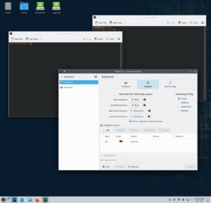 Abbildung 6: Ein KDE-Live-System mit der Zwischenablage der grafischen Umgebung erleichtert das &Uuml;bertragen von UUID-Hashes. Auch das Tastaturlayout l&auml;sst sich leicht umstellen.