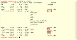 Abbildung 7: Die Option <code>-o +FSTYPE</code> erleichtert es, in der Ausgabe von Lsblk die Btrfs-formatierte Root-Partition, die XFS-formatierte Home-Partition und die Swap-Partition auszumachen.