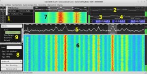 Abbildung 2: Die CubicSDR-Oberfläche mit den Bereichen aus der <a href="#artRef-tCubicSDR__Oberfl_che">Tabelle "CubicSDR: Oberfläche"</a>.