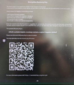 Abbildung 2: Bewahren Sie den bei der Installation erstellten Wiederherstellungsschlüssel sorgsam auf. Er dient nach Änderungen an der Hardware oder der Partitionierung dazu, das System aufzuschließen.