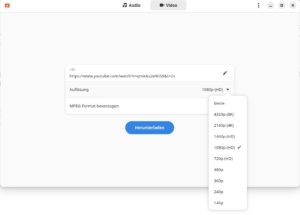 Abbildung 2: Die Eingabemaske von Video Downloader ist sehr &uuml;bersichtlich gehalten. Bei Videos l&auml;sst sich die gew&uuml;nschte Aufl&ouml;sung einstellen.