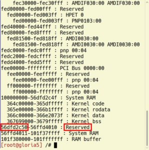 Abbildung 8: In der langen Ausgabe von <code>cat /proc/iomen</code> taucht nach dem entsprechenden Eintrag im Bootloader die via Memtest86+ ermittelte <code>Lowest Error Address</code> f&uuml;r einen als <code>reserved</code> gekennzeichneten Speicherblock auf.