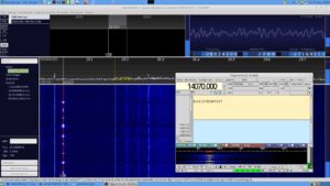 Abbildung 9: Fldigi dekodiert ein mit CubicSDR empfangenes Morsesignal.