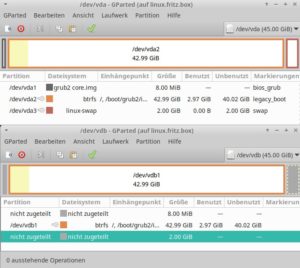 Abbildung 14: Nach der <code>balance</code>-Operation weisen die urspr&uuml;ngliche Root-Partition und deren neu angelegter RAID-1-Spiegel denselben Belegungsgrad auf (gelber Bereich im Partitionsbalken).