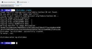 Abbildung 2: Ohne Angabe weiterer Optionen setzt das <code>create</code>-Kommando einen Container auf der Basis des aktuellen Fedora 41 auf und übermittelt den Befehl zu dessen Betreten.
