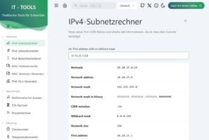 Abbildung 2: Der IPv4-Subnetzrechner listet n&uuml;tzliche Informationen zum Erstellen eines Subnetzes auf.