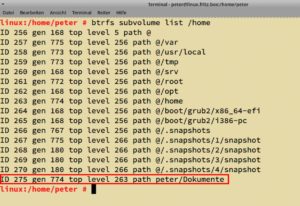 Abbildung 2: Das Kommando <code>btrfs subvolume list /home</code> zeigt neben vom Installer und dem System erstellten Subvolumes das eben angelegte <code>Dokumente/</code>. Der Dateimanager betrachtet es als normales Verzeichnis.