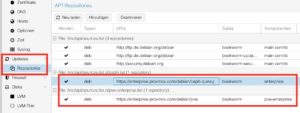 Abbildung 5: Die beiden Repositories auf dem Server <code>enterprise.proxmox.com</code> sind nur mit einem Abo verf&uuml;gbar. Sie k&ouml;nnen die Eintr&auml;ge deaktivieren.