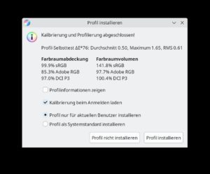Abbildung 5: Nach erfolgreicher Profilierung zeigt Displaycal an, wie gut Ihr Bildschirm Referenzfarbräume wie sRGB, DCI-P3 und Adobe RGB (1998) abdeckt.