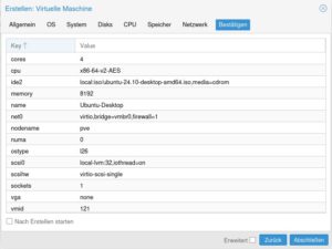 Abbildung 7: Proxmox&nbsp;VE zeigt die getroffenen Einstellungen f&uuml;r die neue VM an.