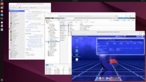 Abbildung 10: Die Ubuntu-VM hat die Kontrolle &uuml;ber den Bildschirm; Ausgaben weiterer VMs erscheinen in Fenstern.