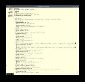 Abbildung 4: Dieser Aufruf von <code>systemctl status</code> zeigt neben der mit den Pfeiltasten durchbl&auml;tterbaren Liste aller laufenden Hintergrundprogramme ganz oben den Status <code>degraded</code>. Hier ist ein Dienst nicht gestartet oder abgest&uuml;rzt (<code>Failed: 1 units</code>, vierte Zeile).