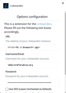 Abbildung 6: Den Zugriff durch die Browser-Erweiterung konfigurieren Sie durch Eingabe der Adresse Ihrer Linkwarden-Instanz, gefolgt von Username und Passwort.