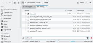 Abbildung 8: Wer im KDE- oder Gnome-Dateimanager per Filterfunktion zum Beispiel nach "akonadi" sucht, findet die zust&auml;ndigen Konfigurationsdateien im Ordner <code>~/.config/</code> schnell.