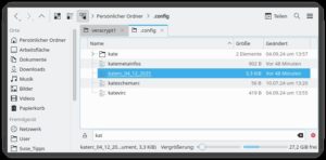Abbildung 9: Das per Unterstrich an den Namen einer Konfigurationsdatei (hier f&uuml;r den Editor Kate) angeh&auml;ngte Datum zwingt das Programm dazu, eine neue Default-Version anzulegen, weil es die Konfigurationsdatei nicht mehr findet. Zudem k&ouml;nnen Sie die alte Konfiguration sp&auml;ter wiederherstellen.