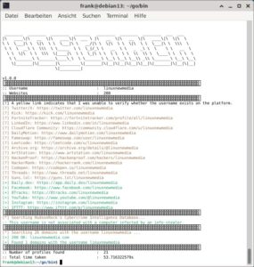 Abbildung 2: Ein Suchergebnis von Gosearch zum Benutzernamen <span class="ui-element">linuxnewmedia</span> in verschiedenen Webprojekten.