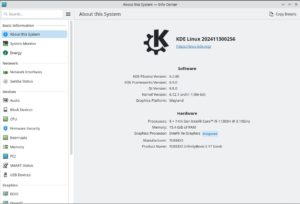 Abbildung 4: KDE&nbsp;Linux wird t&auml;glich mit aktuellen Komponenten frisch gebaut. Mitte Dezember war die Entwickler-Version 6.2.80 von Plasma 6.3 installiert.