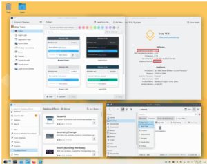 Abbildung 6: KDE Plasma&nbsp;6 &uuml;berwindet einige technische Hypotheken von KDE&nbsp;5, &auml;ndert sonst aber nur Details. Dazu z&auml;hlen die Systemeinstellungen (links oben), die Softwareverwaltung Discovery (links unten) und der Dateimanager (rechts unten).