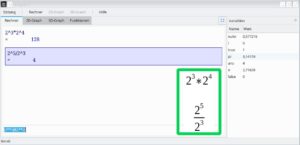 Abbildung 1: Beim Berechnen von Potenzen formatiert KAlgebra die Eingabe nicht, was die Lesbarkeit der Syntax verschlechtert.