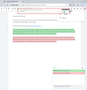 Abbildung 3: In Etherpad k&ouml;nnen mehrere Benutzer gleichzeitig tippen, der Text ist f&uuml;r alle sichtbar. Wichtige Features sind die Dokumentenhistorie und die Chat-Funktion.